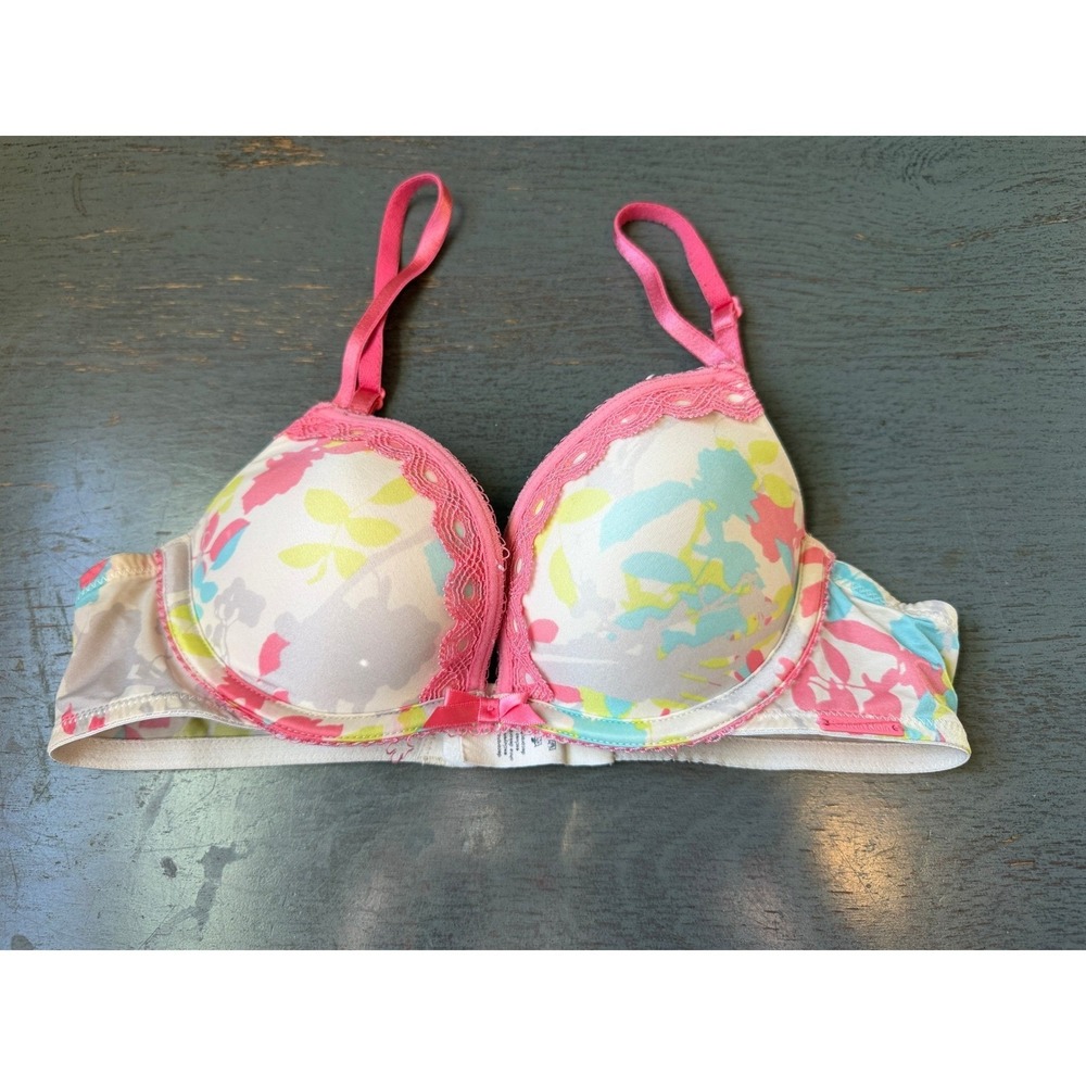 Calvin Klein 32A Floral Print Push Up Bra Pink Lace Trim Underwire Padded